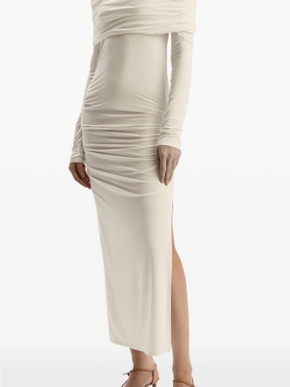 Off-Shoulder Ruched Ivory Maxi Dress - Picture 4 of 7